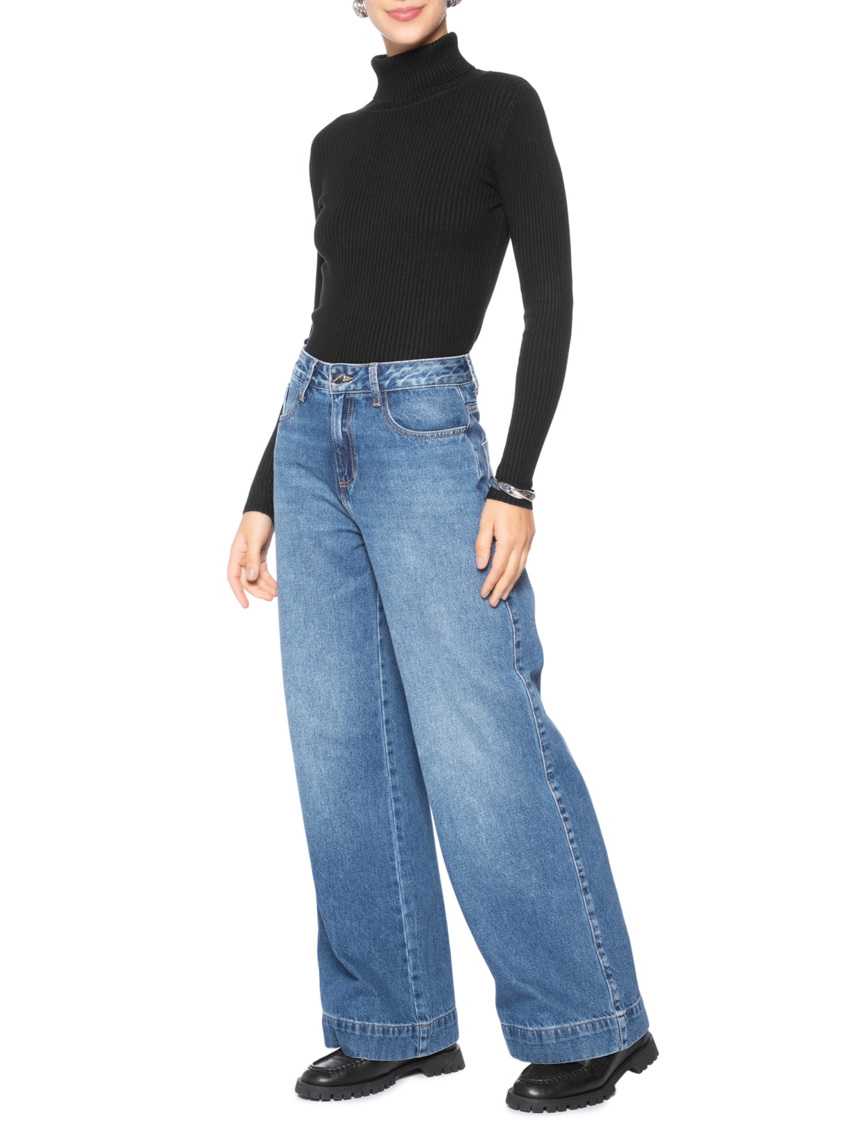 Suéter Feminino Tricot  Canelado Gola Alta Preto Basiq