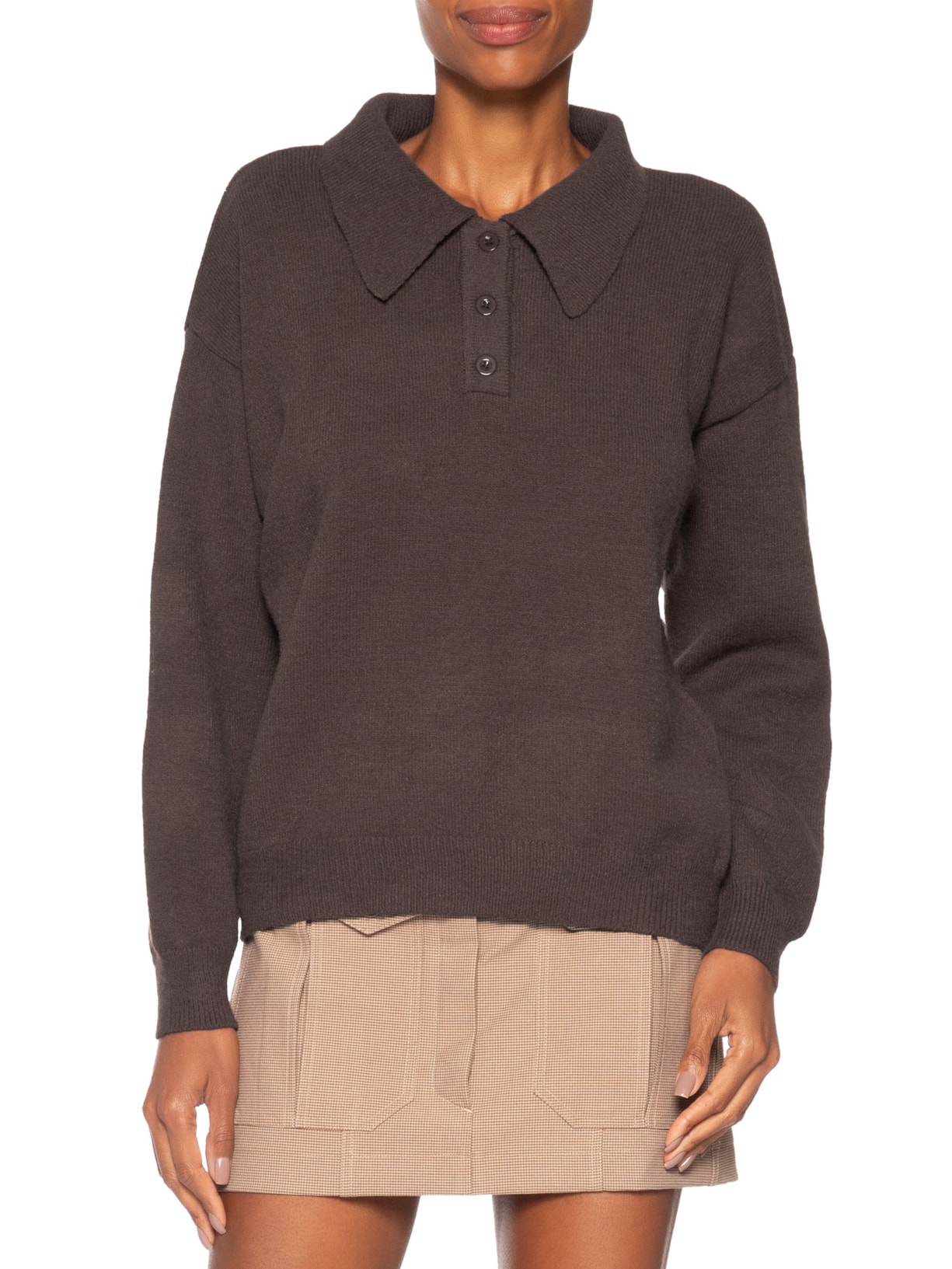 Suéter Feminino Tricot Comfy Gola Esporte  – Marrom Basiq