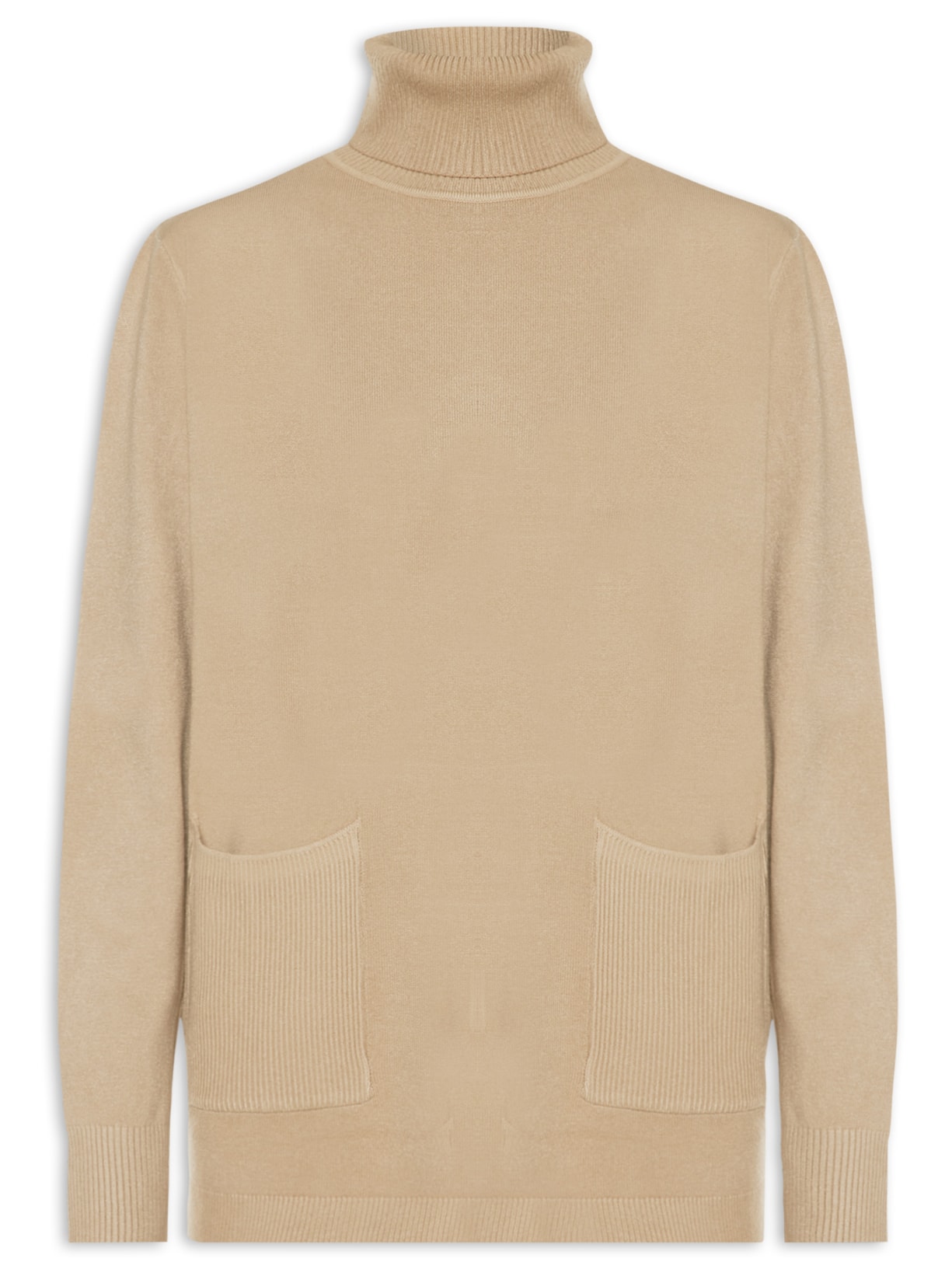 Suéter Feminino Tricot Gola Alta Bolsos Frontais - Bege