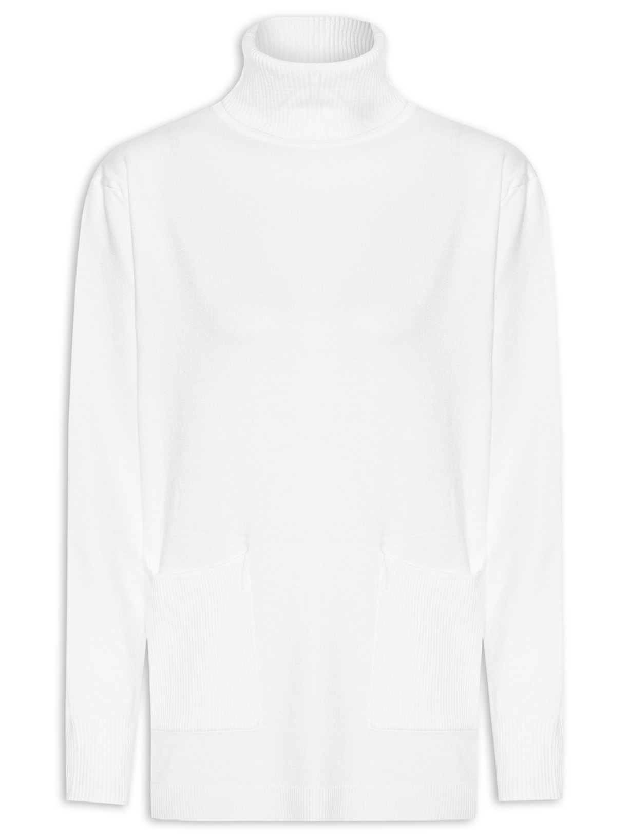 Suéter Feminino Tricot Gola Alta Bolsos Frontais - Branco
