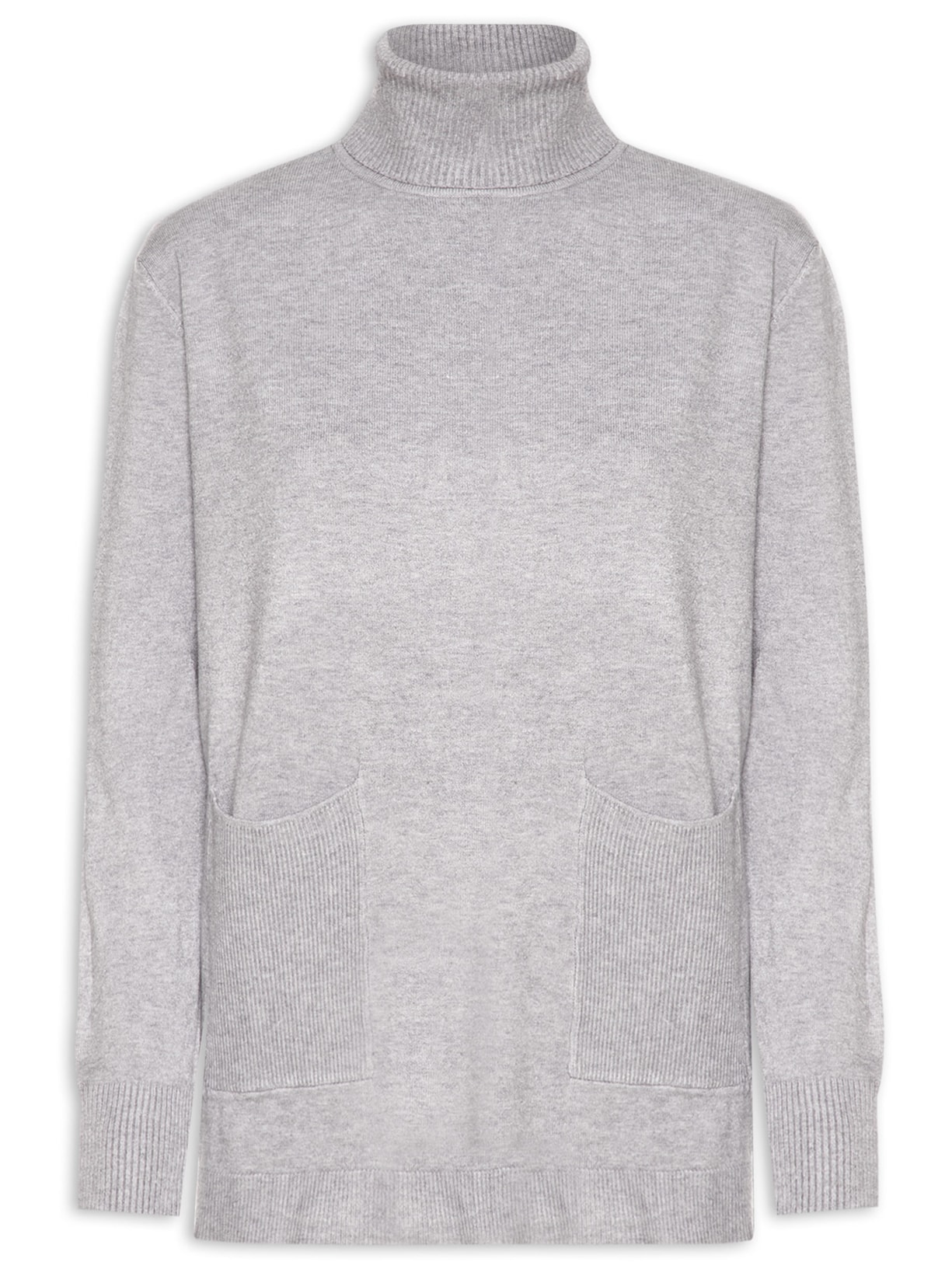 Suéter Feminino Tricot Gola Alta Bolsos Frontais - Cinza
