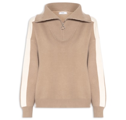 Suéter Feminino Tricot Gola Alta Com Zíper - Bege