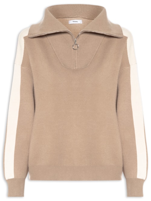 Suéter Feminino Tricot Gola Alta Com Zíper - Bege