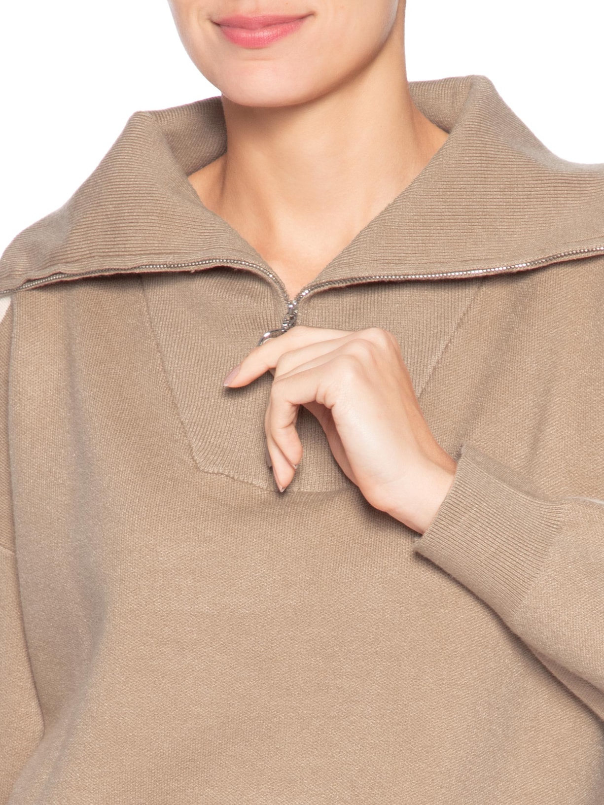 Suéter Feminino Tricot Gola Alta Com Zíper Bege Basiq