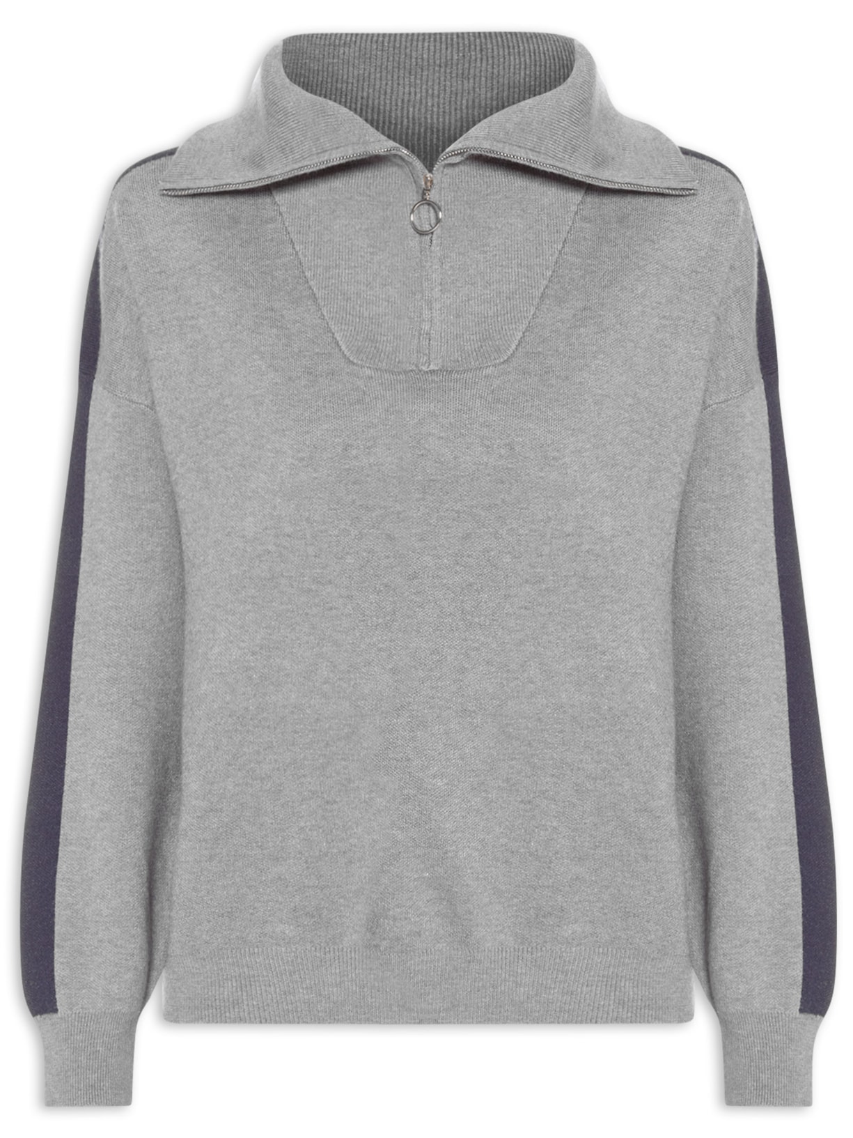 Suéter Feminino Tricot Gola Alta Com Zíper Cinza Basiq