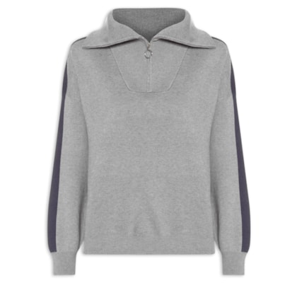 Suéter Feminino Tricot Gola Alta Com Zíper - Cinza