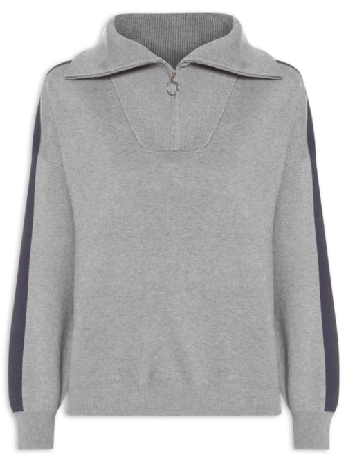 Suéter Feminino Tricot Gola Alta Com Zíper - Cinza