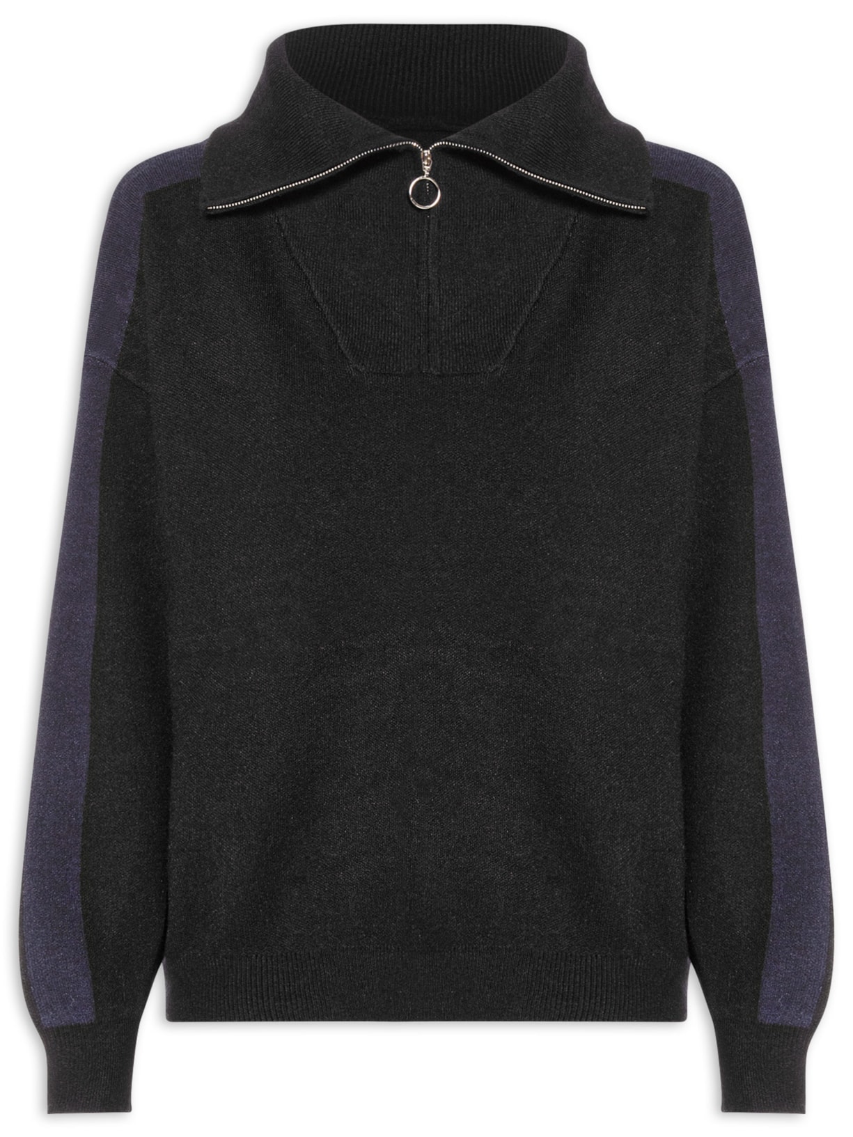 Suéter Feminino Tricot Gola Alta Com Zíper Preto Basiq