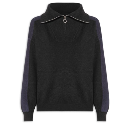 Suéter Feminino Tricot Gola Alta Com Zíper - Preto