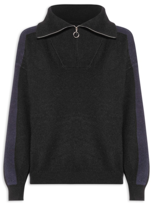 Suéter Feminino Tricot Gola Alta Com Zíper - Preto