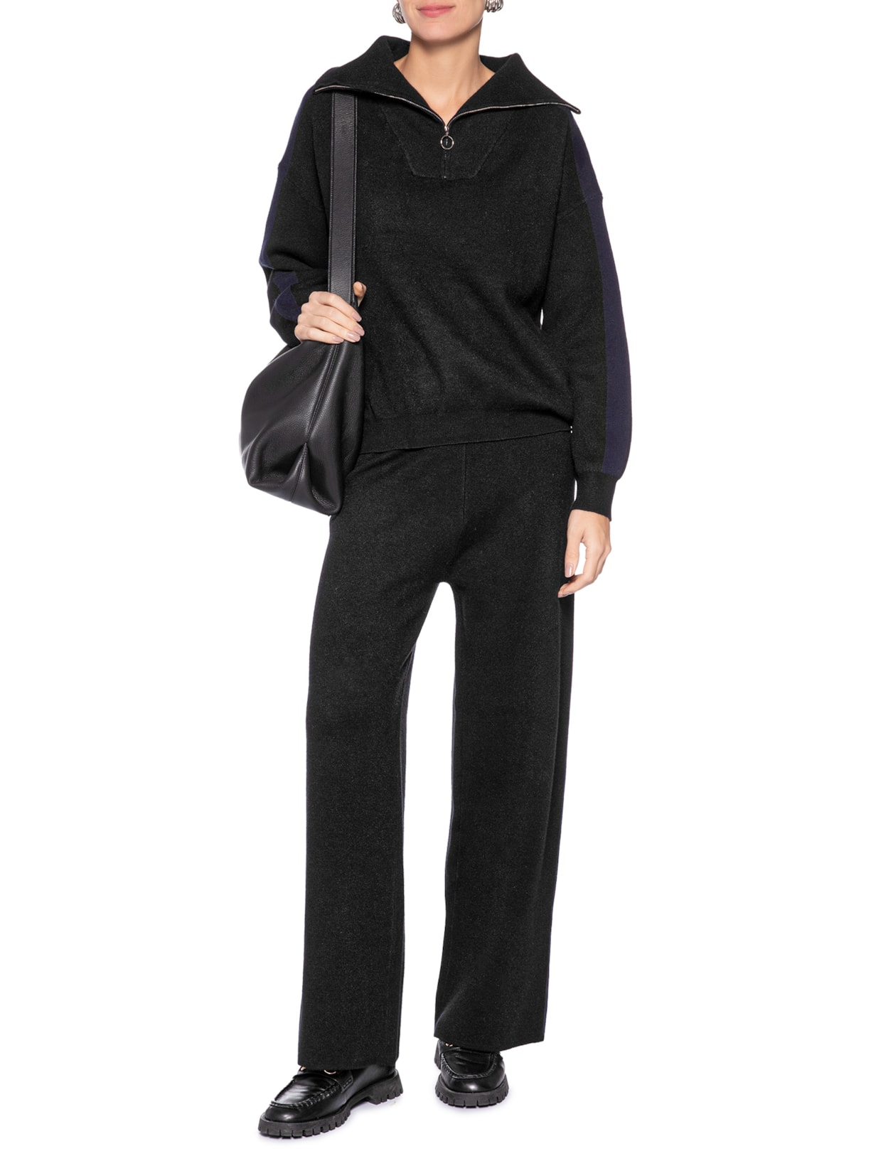 Suéter Feminino Tricot Gola Alta Com Zíper Preto Basiq
