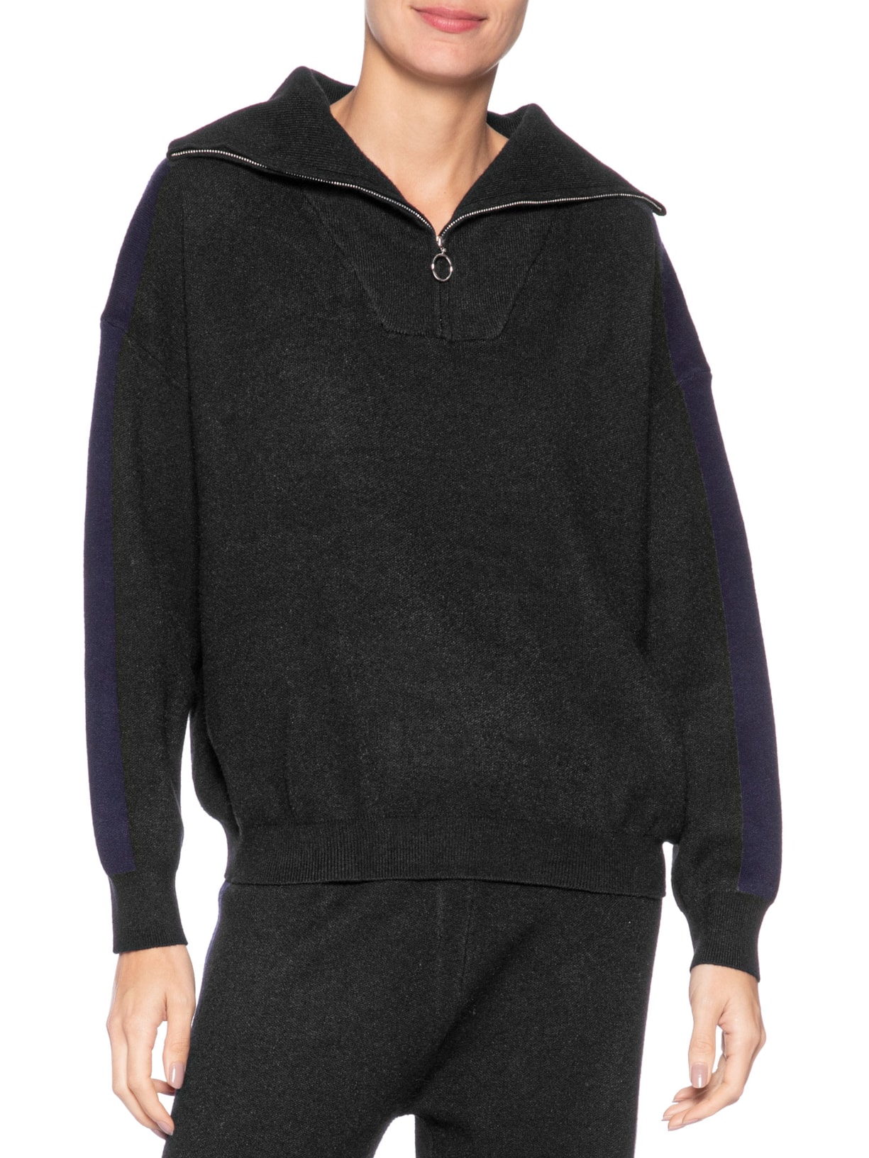 Suéter Feminino Tricot Gola Alta Com Zíper Preto Basiq