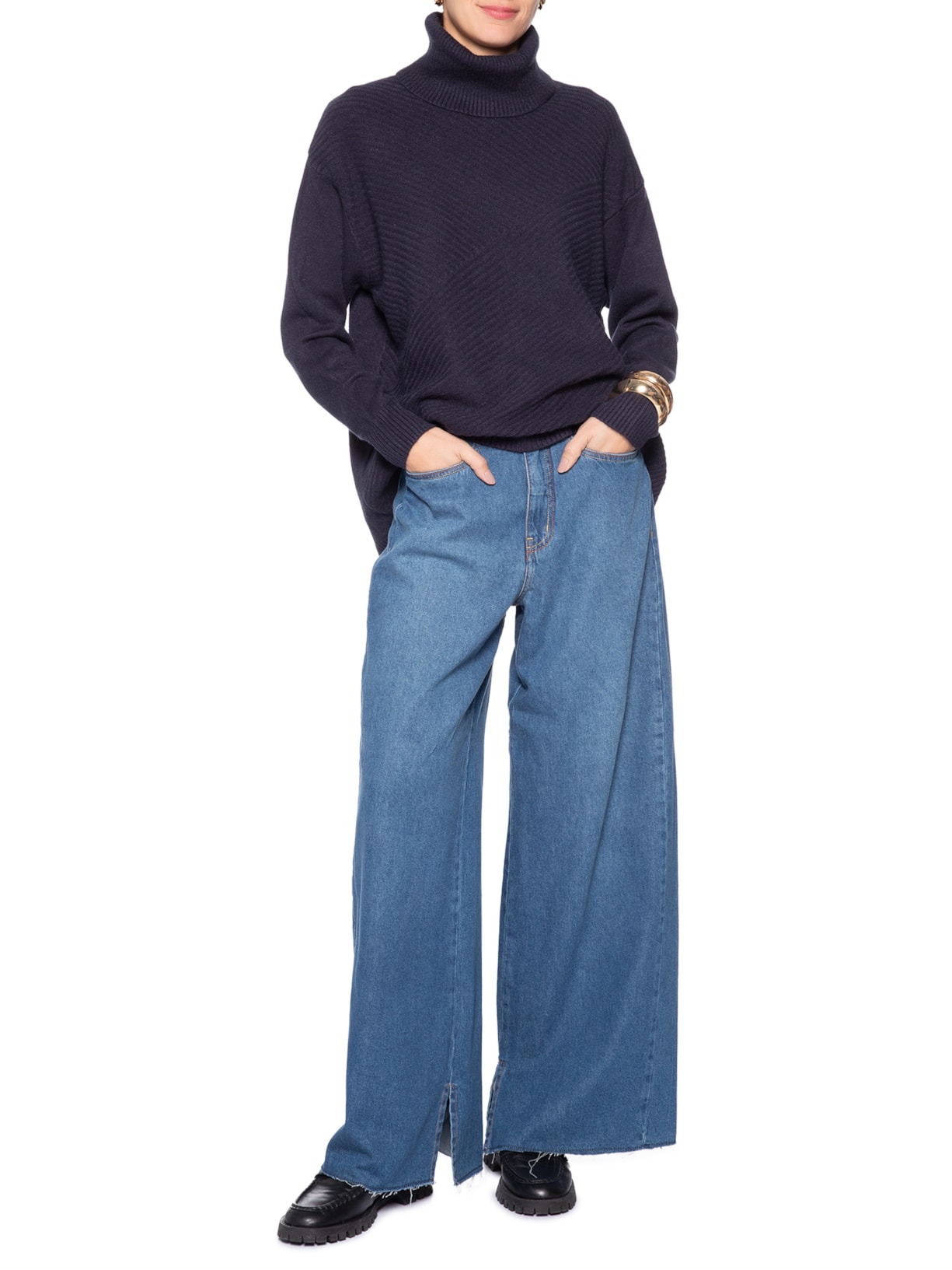 Suéter Feminino Tricot Gola Alta Texturizado Azul Basiq
