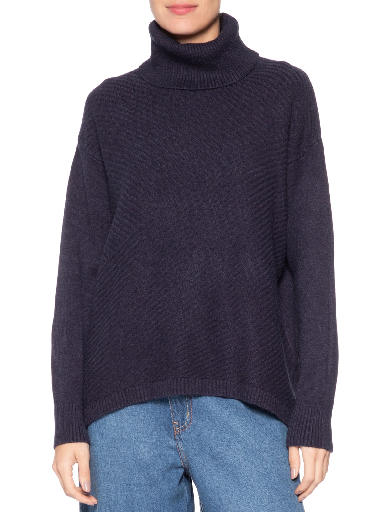 Suéter Feminino Tricot Gola Alta Texturizado Azul Basiq