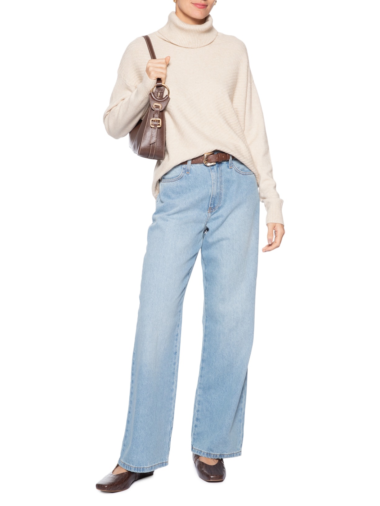 Suéter Feminino Tricot Gola Alta Texturizado Bege Basiq