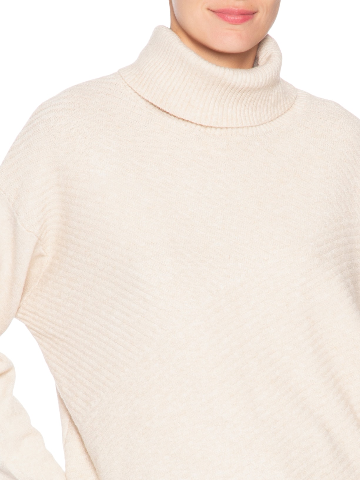 Suéter Feminino Tricot Gola Alta Texturizado Bege Basiq