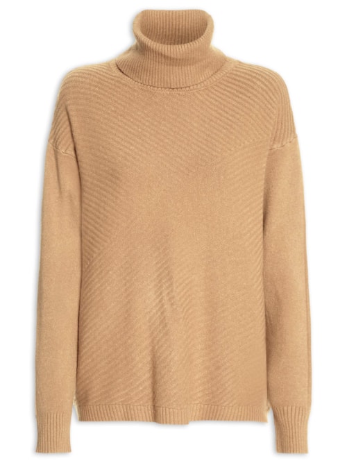 Suéter Feminino Tricot Gola Alta Texturizado - Marrom