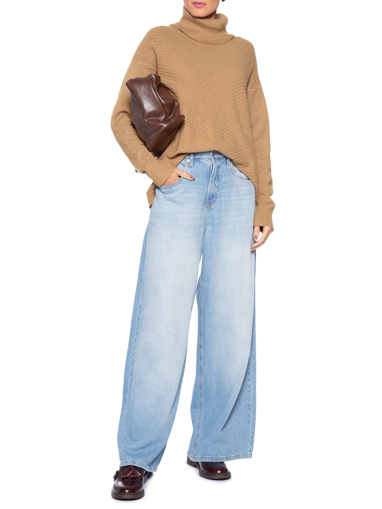 Suéter Feminino Tricot Gola Alta Texturizado Marrom Basiq