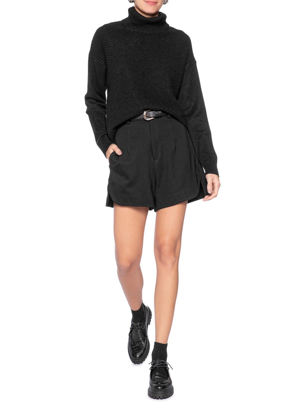 Suéter Feminino Tricot Gola Alta Texturizado Preto Basiq
