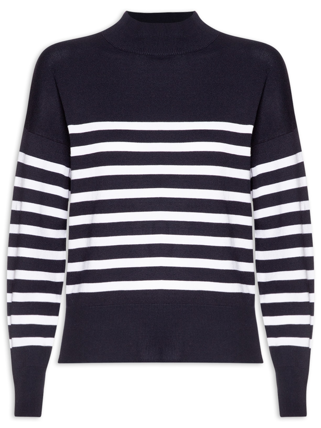 Suéter Feminino Tricot Gola Redonda Listrado Azul Basiq
