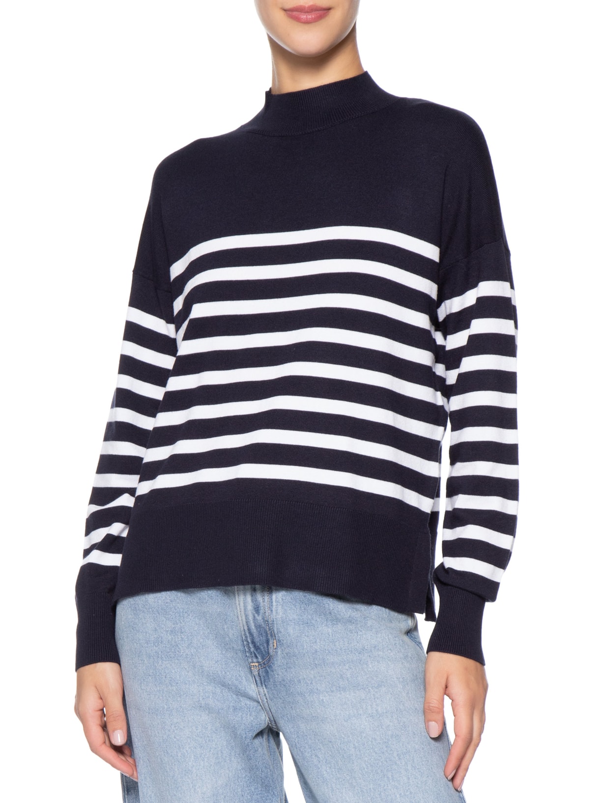 Suéter Feminino Tricot Gola Redonda Listrado Azul Basiq