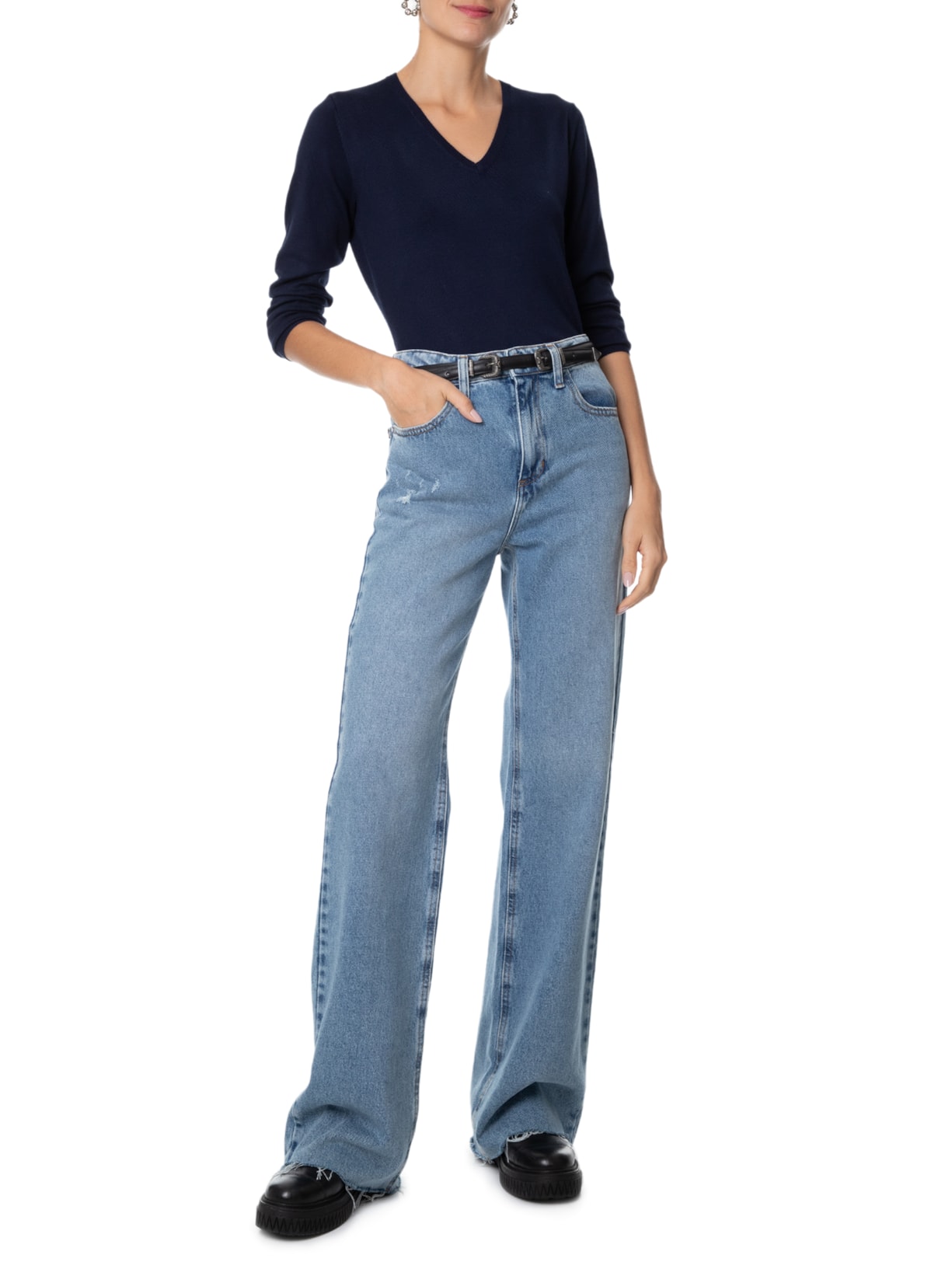 Suéter Feminino Tricot Gola V Azul Basiq