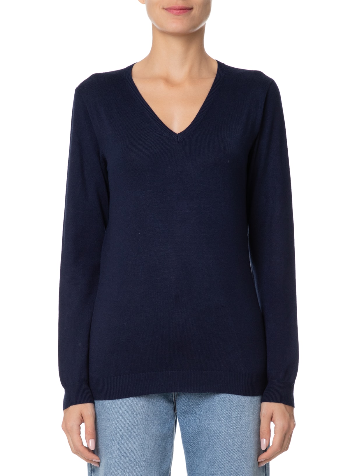 Suéter Feminino Tricot Gola V Azul Basiq