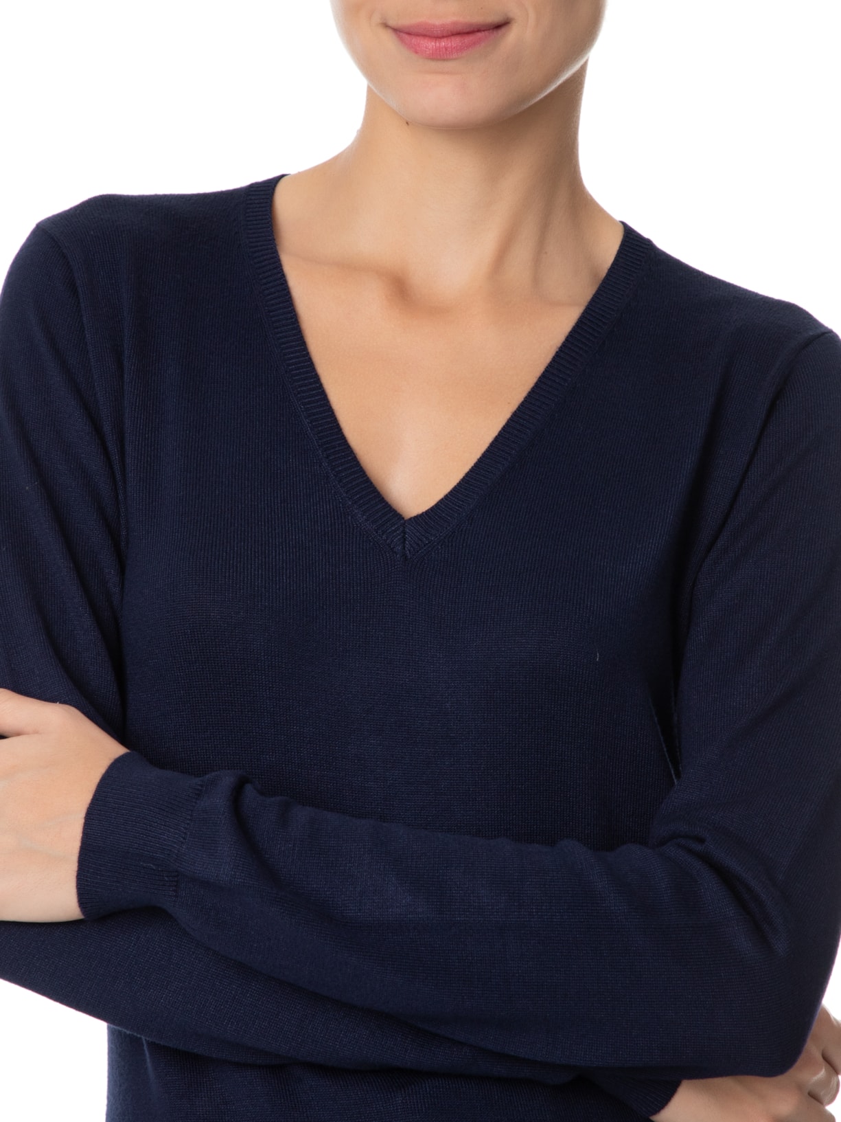 Suéter Feminino Tricot Gola V Azul Basiq