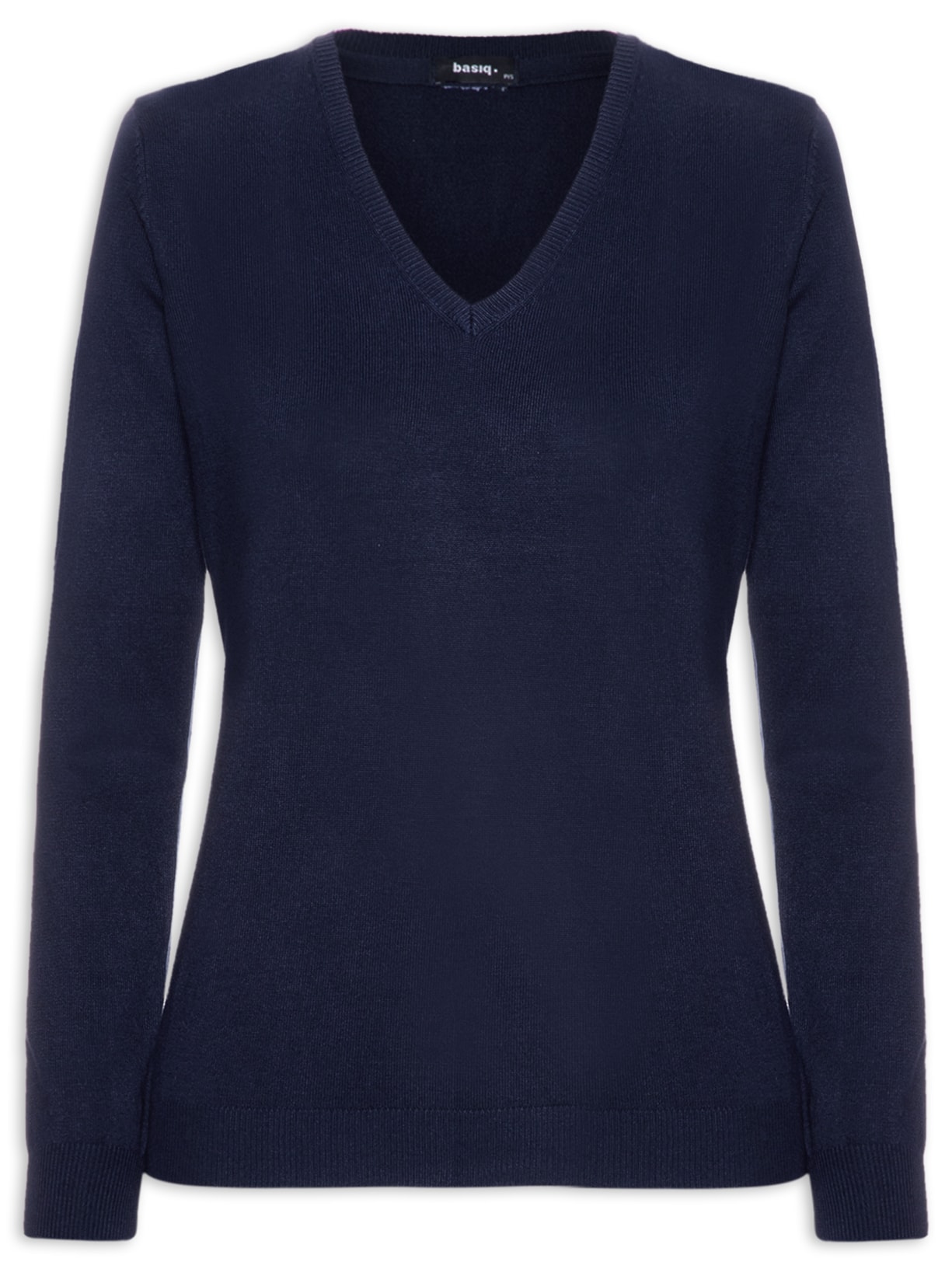 Suéter Feminino Tricot Gola V Azul Basiq