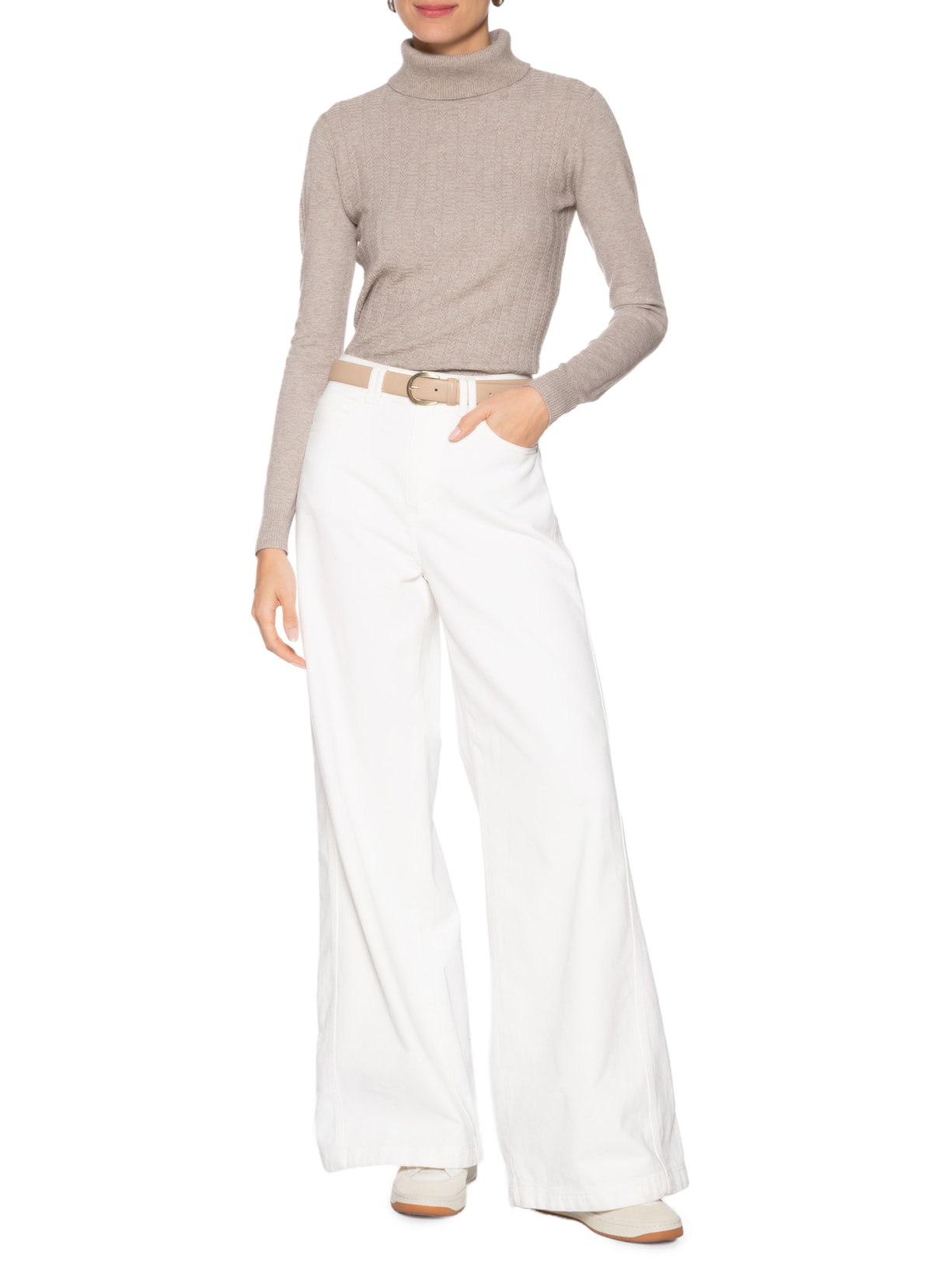 Suéter Feminino Tricot Justo Ao Corpo Gola Alta Bege  Basiq