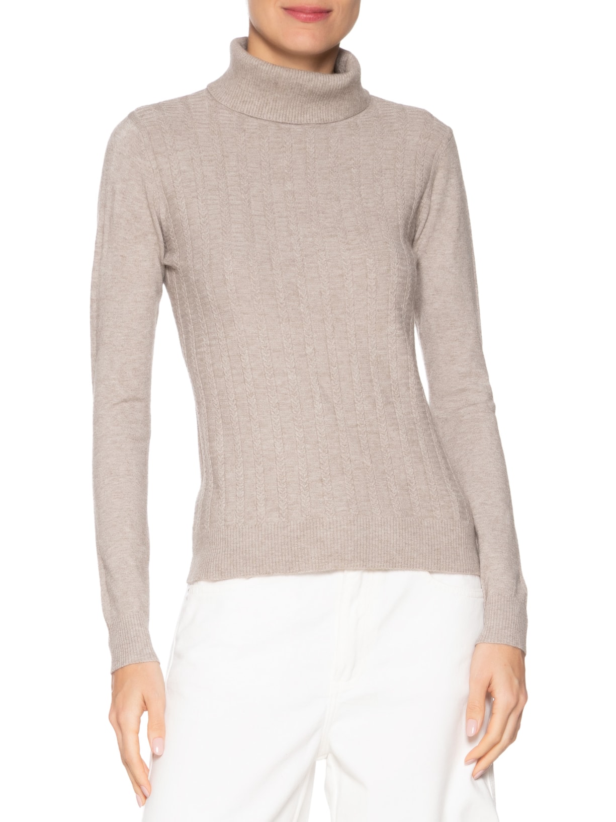 Suéter Feminino Tricot Justo Ao Corpo Gola Alta Bege  Basiq