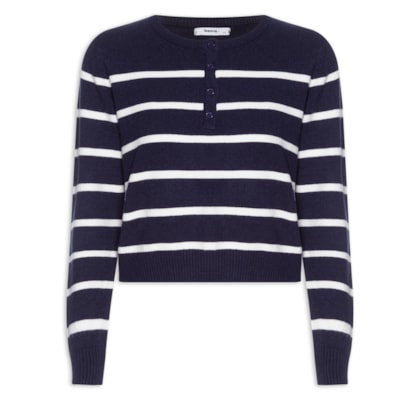 Suéter Feminino Tricot Listrado Com Botão - Azul
