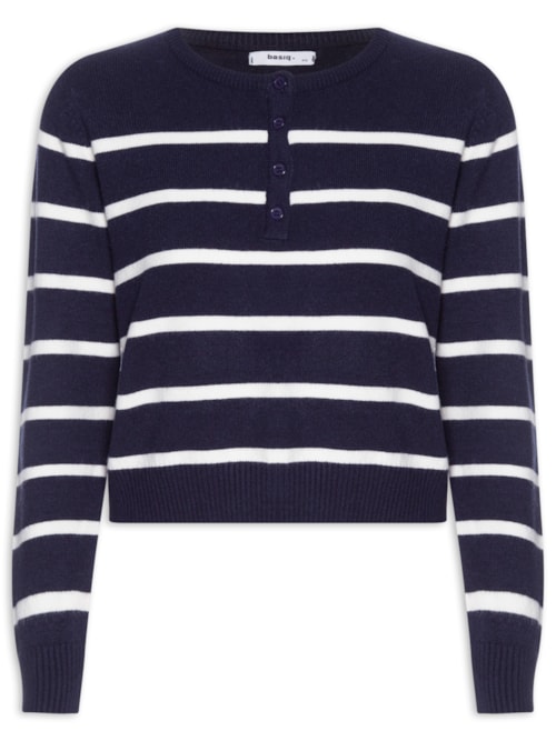 Suéter Feminino Tricot Listrado Com Botão - Azul