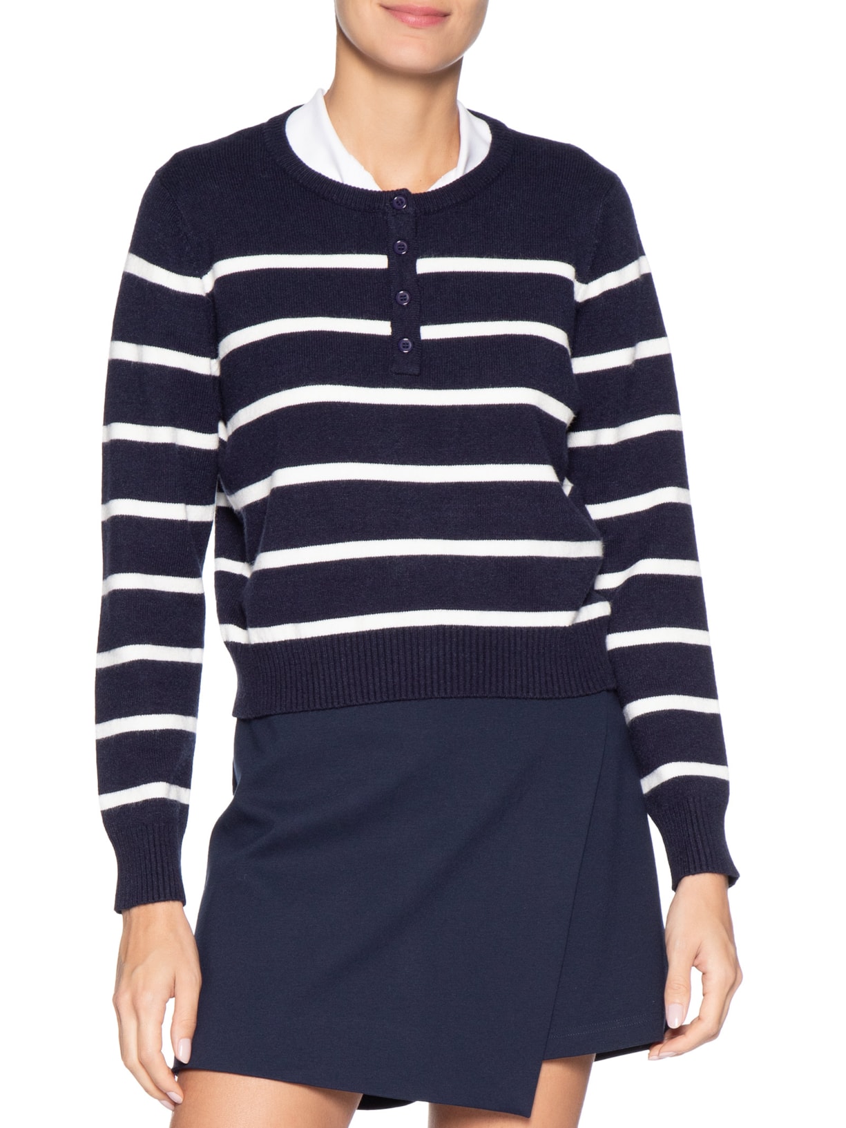 Suéter Feminino Tricot Listrado Com Botão Azul Basiq