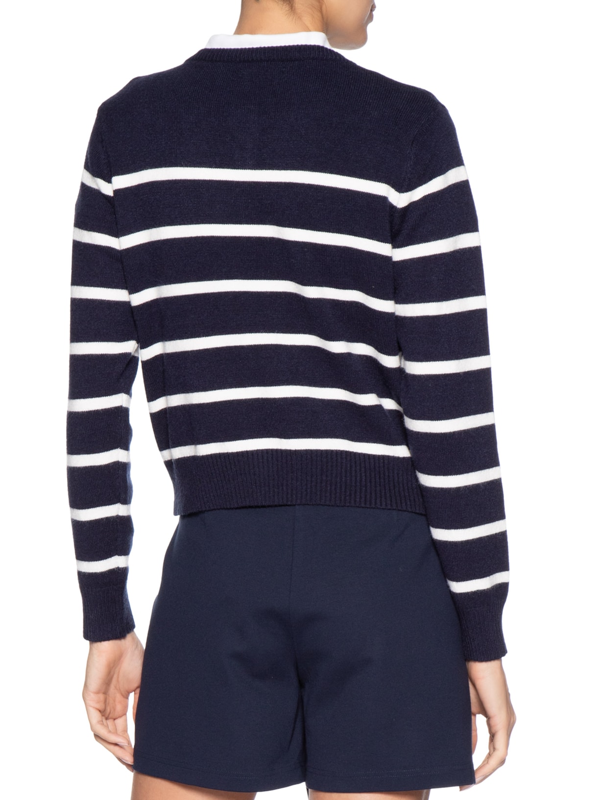 Suéter Feminino Tricot Listrado Com Botão Azul Basiq