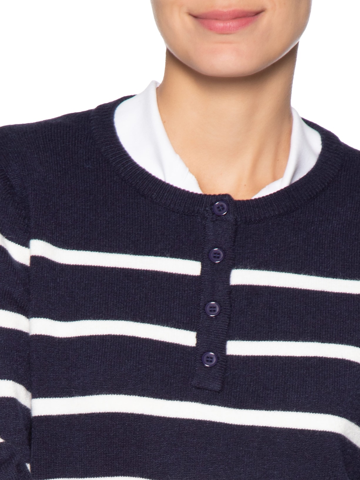 Suéter Feminino Tricot Listrado Com Botão Azul Basiq