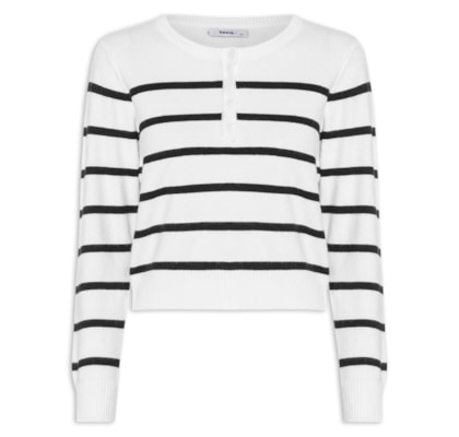 Suéter Feminino Tricot Listrado Com Botão - Branco