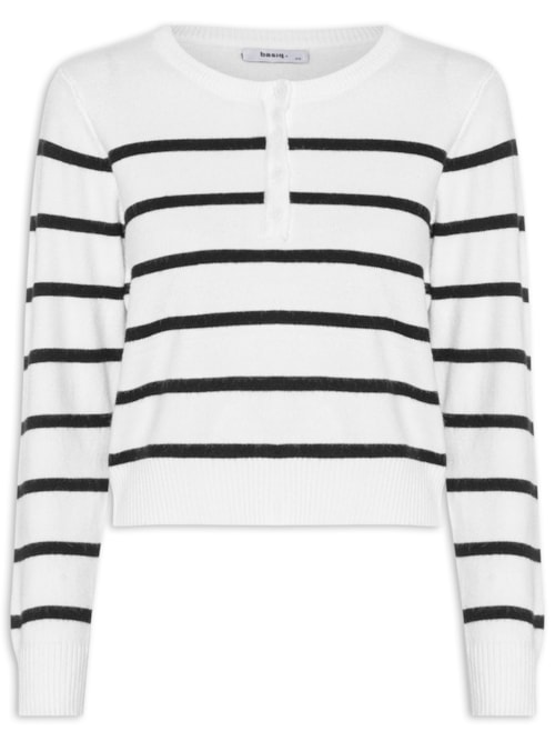 Suéter Feminino Tricot Listrado Com Botão - Branco