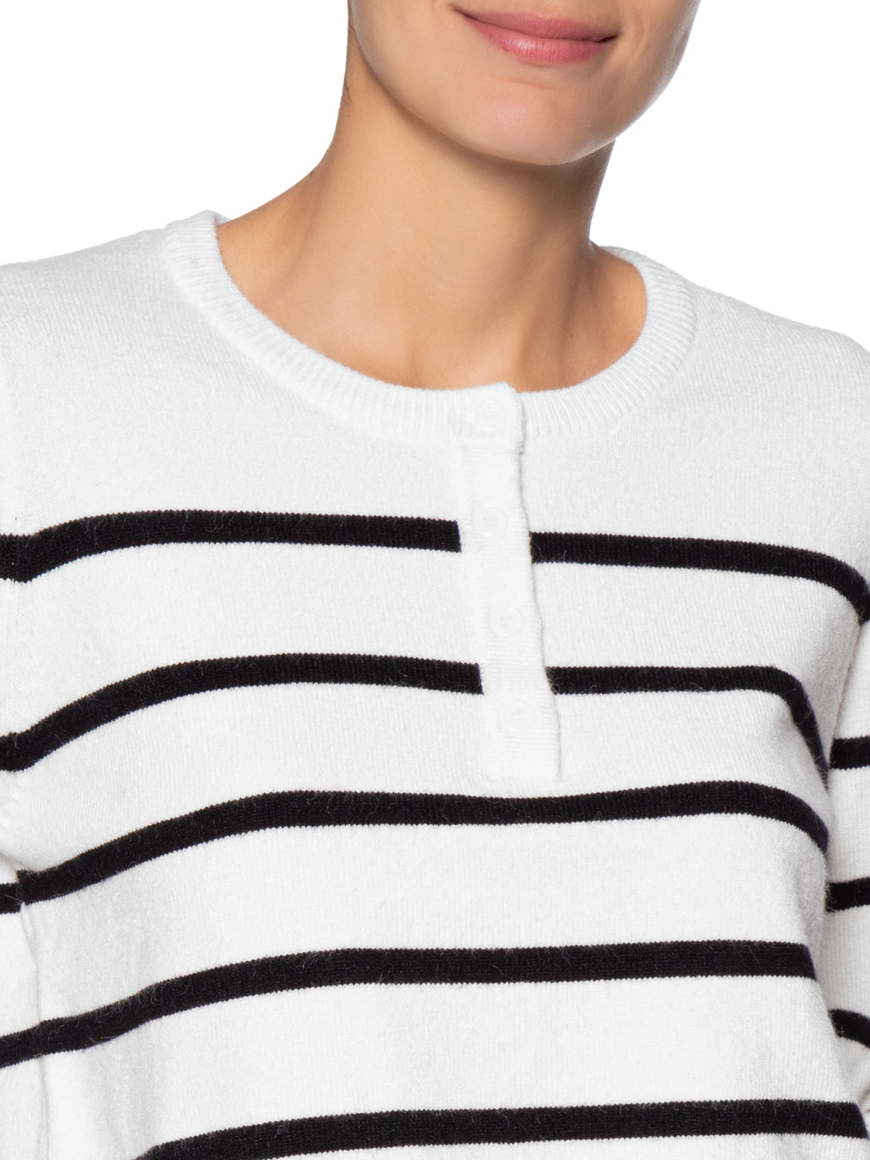 Suéter Feminino Tricot Listrado Com Botão Branco Basiq