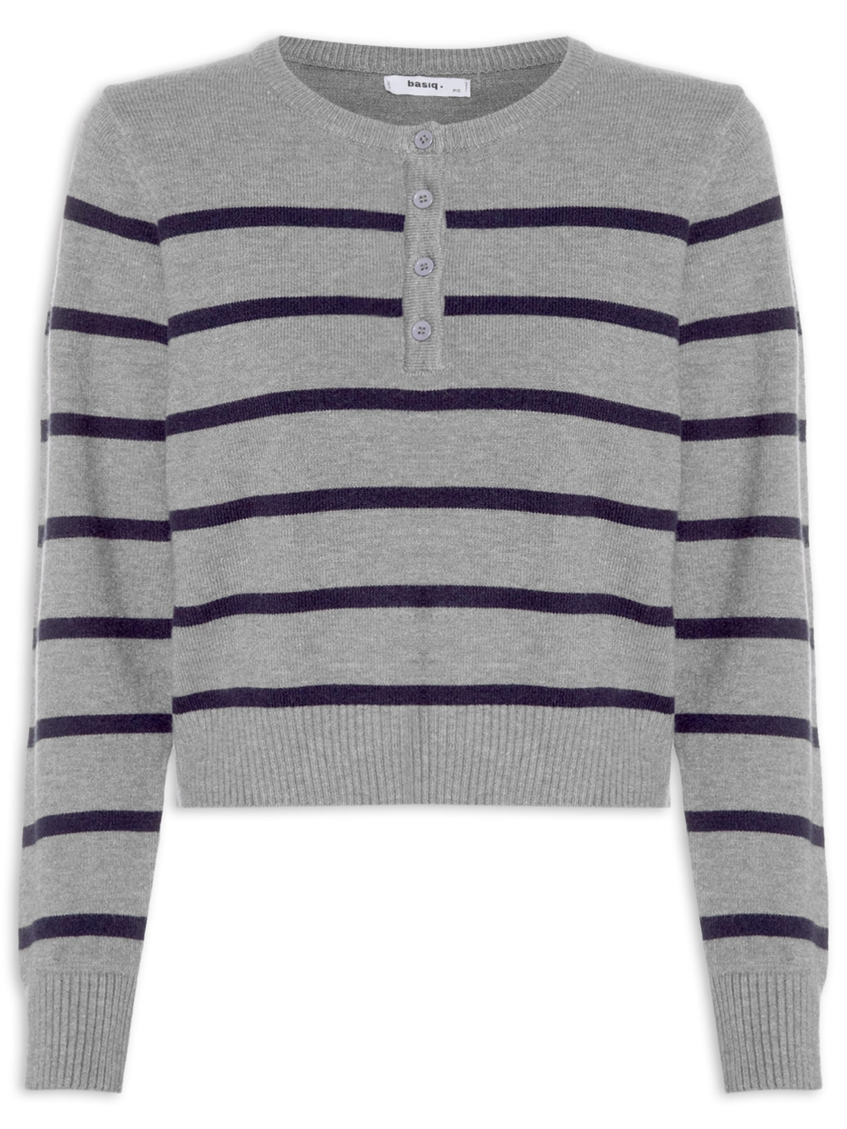 Suéter Feminino Tricot Listrado Com Botão Cinza Basiq