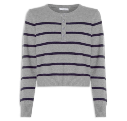 Suéter Feminino Tricot Listrado Com Botão - Cinza