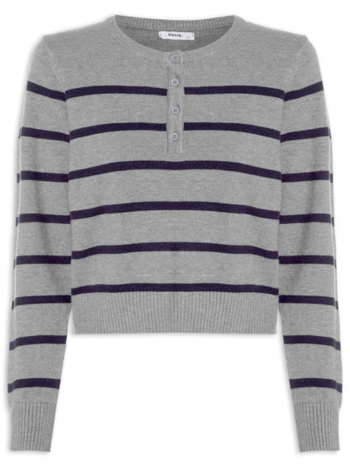 Suéter Feminino Tricot Listrado Com Botão - Cinza