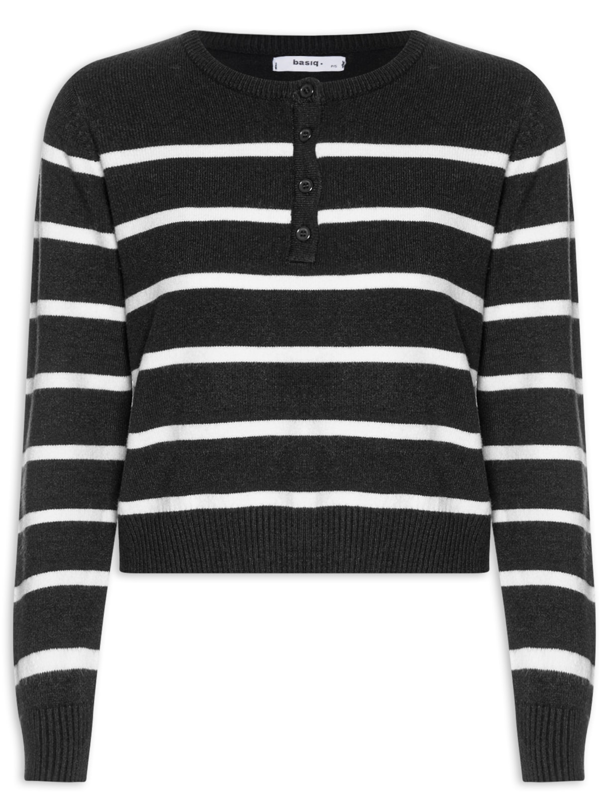 Suéter Feminino Tricot Listrado Com Botão Preto Basiq