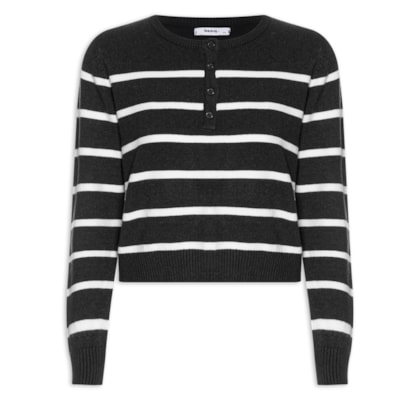 Suéter Feminino Tricot Listrado Com Botão - Preto