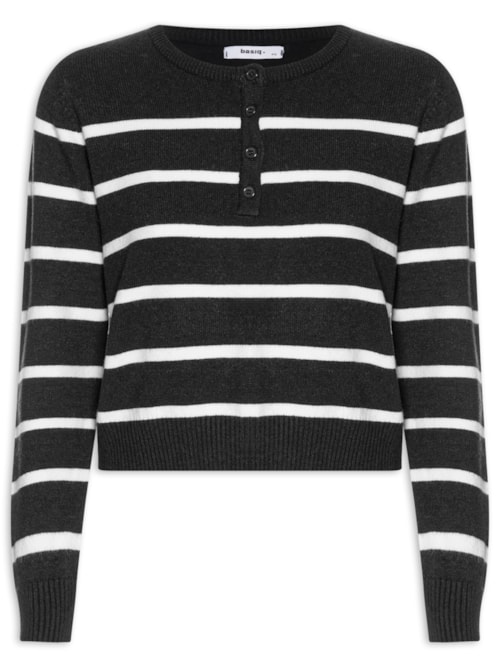 Suéter Feminino Tricot Listrado Com Botão - Preto