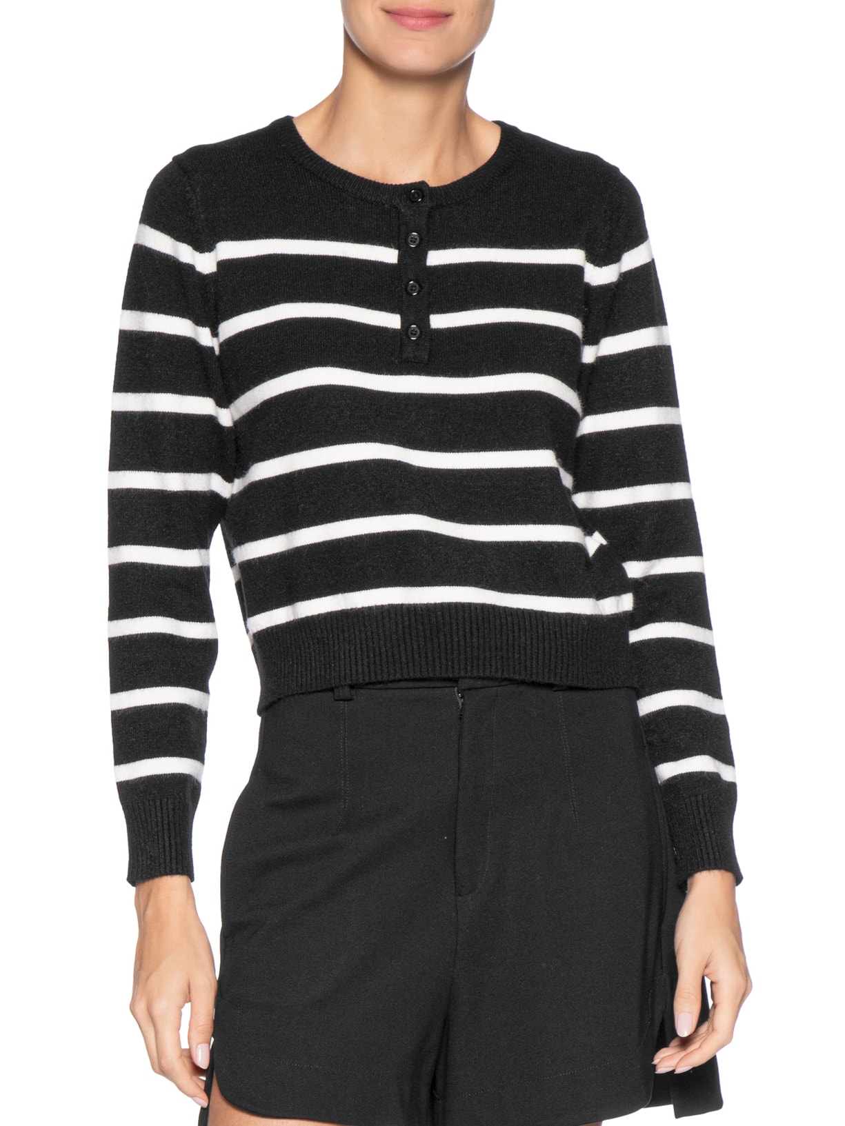 Suéter Feminino Tricot Listrado Com Botão Preto Basiq