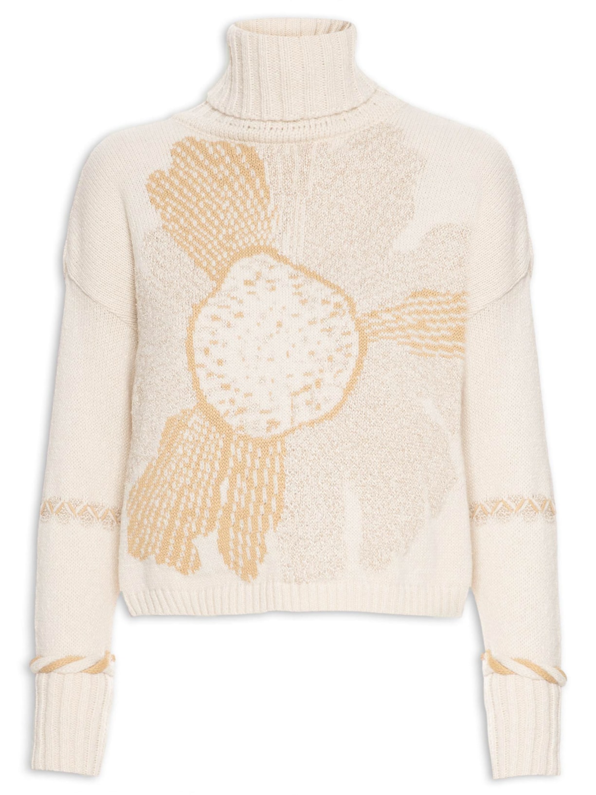 Suéter Feminino Tricot Manga Longa Flower - Bege