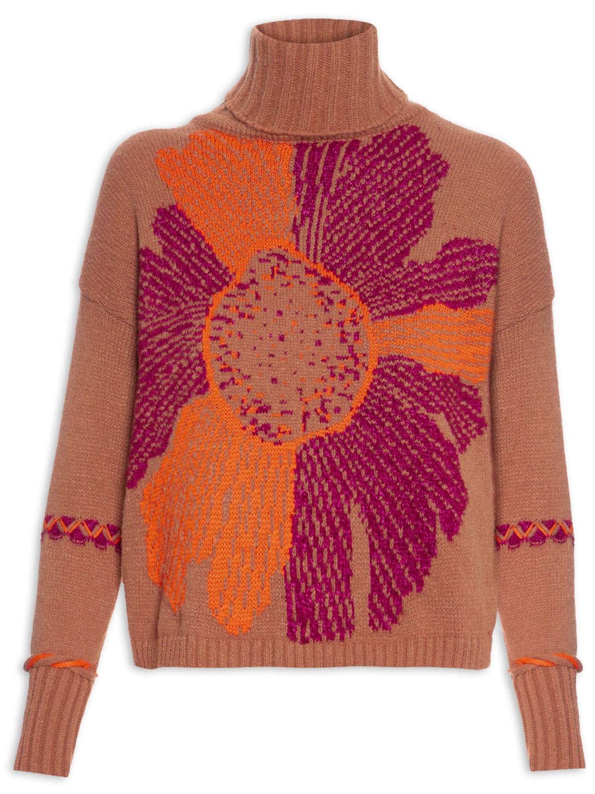 Suéter Feminino Tricot Manga Longa Flower - Laranja