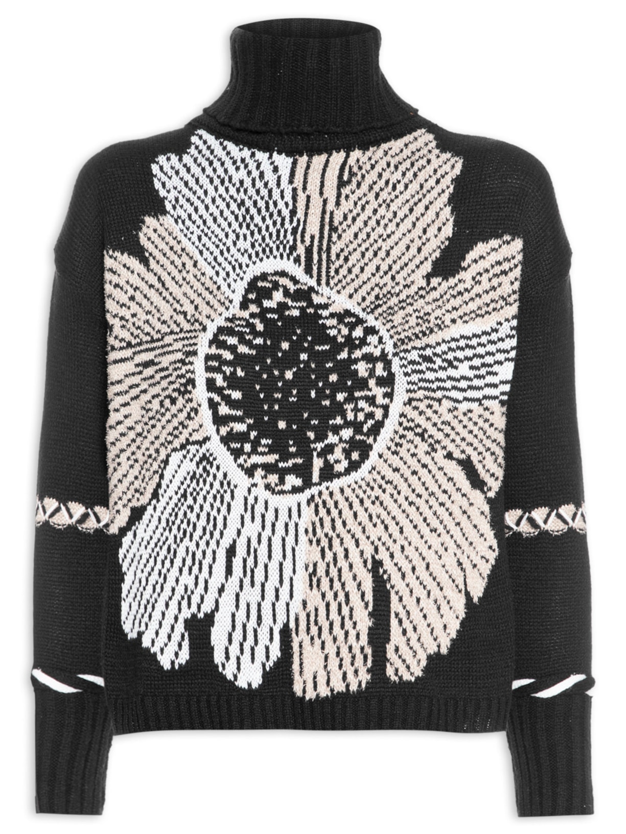Suéter Feminino Tricot Manga Longa Flower - Preto