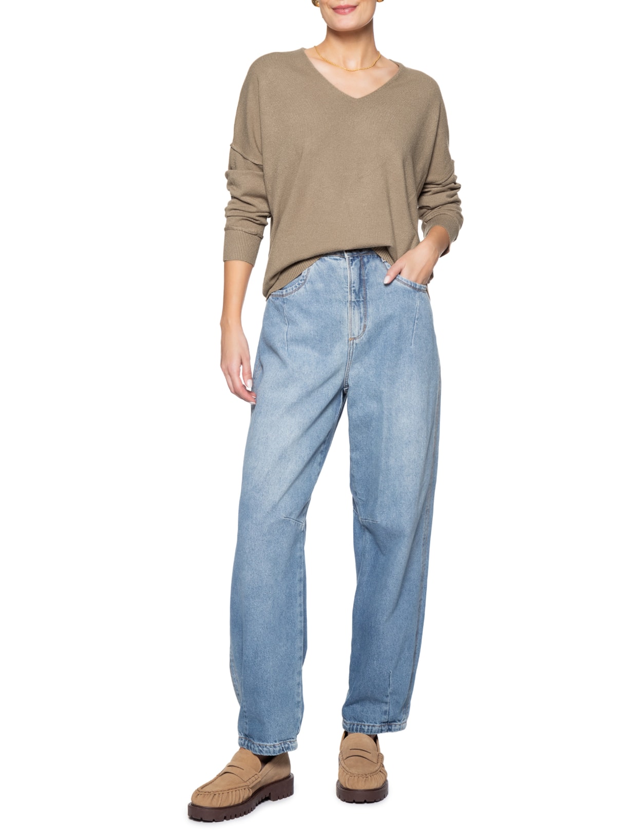 Suéter Feminino Tricot Oversized Decote V- Bege Basiq